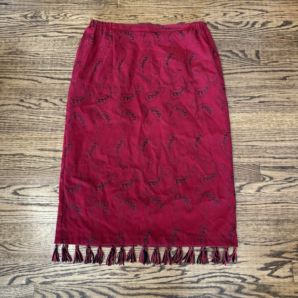 VTG Red Paisley Skirt With Fringe Midi Embroidered Elastic Waist Western Sz‎ 14